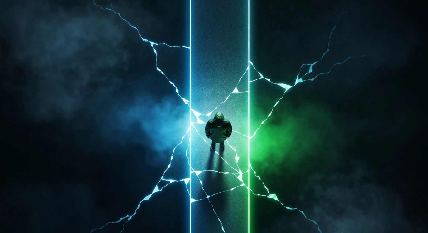 Aerial drone shot of a person in a green jacket standing on a fractured, glowing digital pathway, symbolizing navigating complex news streams.