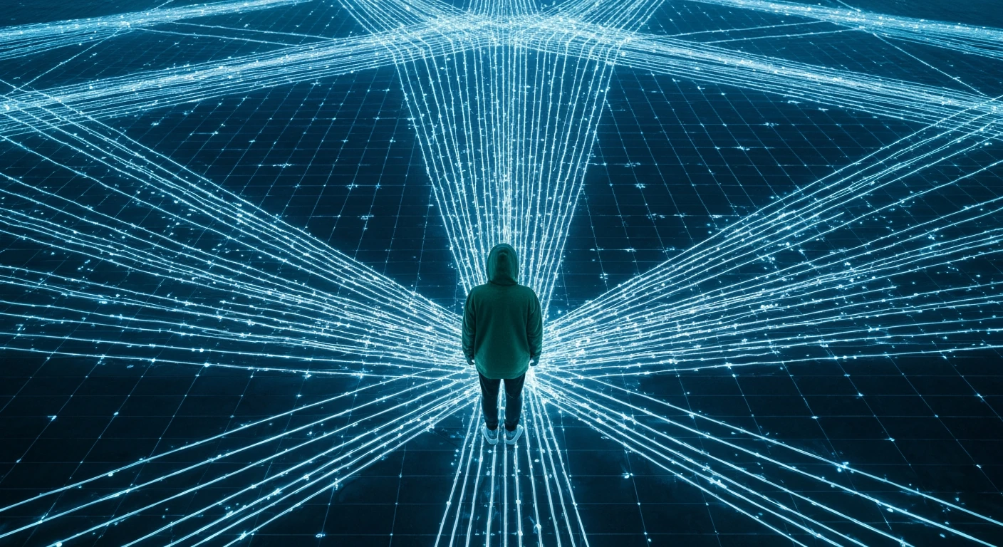 Aerial drone view of a person at the center of glowing digital data pathways, symbolizing AI's impact on news information access and consumption.