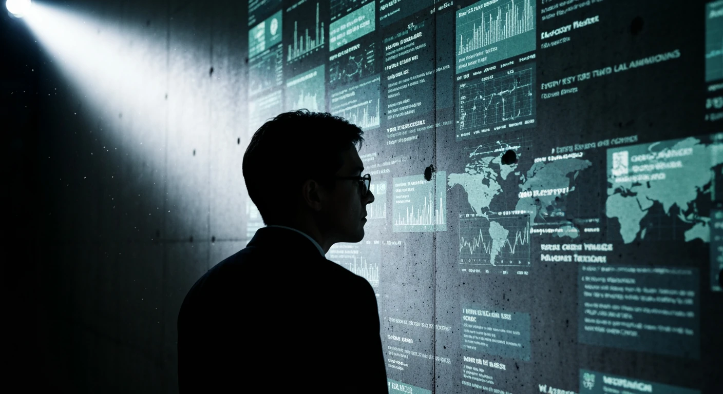 A person viewing fragmented global news projections on a concrete wall, symbolizing information overload and active engagement, in a dramatic, cool-toned photograph.