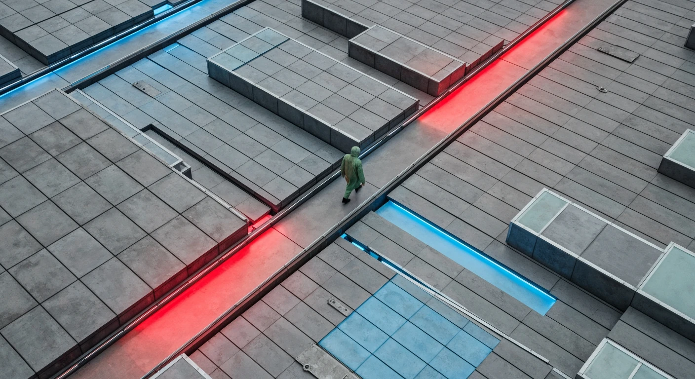An aerial drone shot of a person navigating a fragmented, glowing pathway through a geometric landscape, symbolizing the spread of news myths and misinformation.