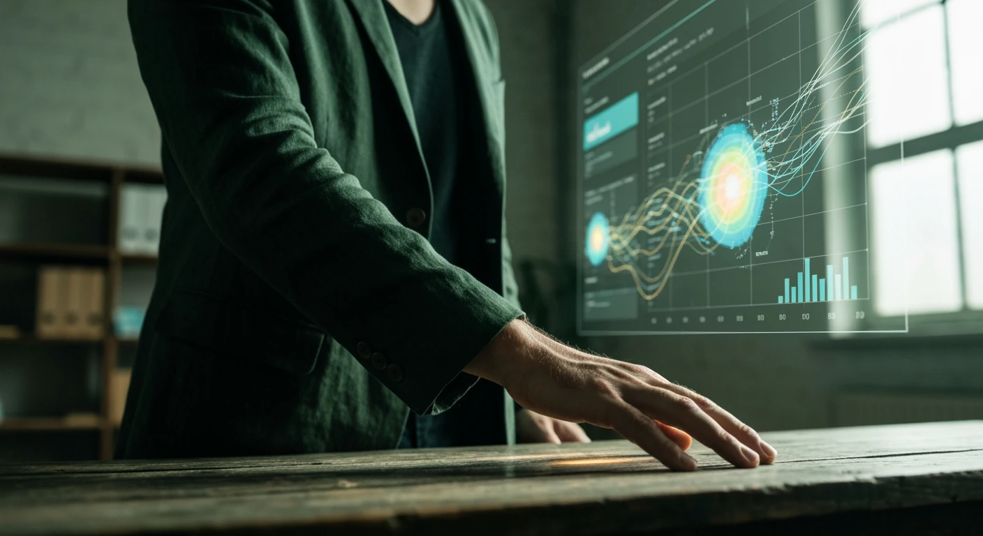 A person observing a complex digital interface displaying news portal audience engagement data and heatmap analytics, with green data streams, set against a dark, textured background.