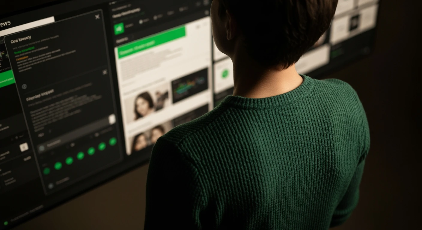 A person viewing a fragmented digital news interface, abstractly representing personalized and chaotic information consumption with algorithmic influence.