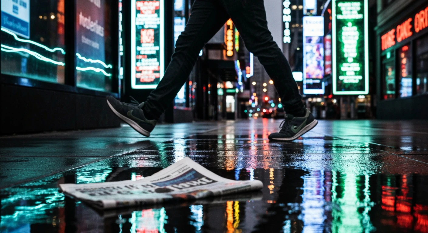 A person rushing across a wet city sidewalk at dusk, their movement blurred, reflecting neon lights and digital news headlines, with a discarded newspaper in a puddle, symbolizing the shift from traditional to digital news consumption.