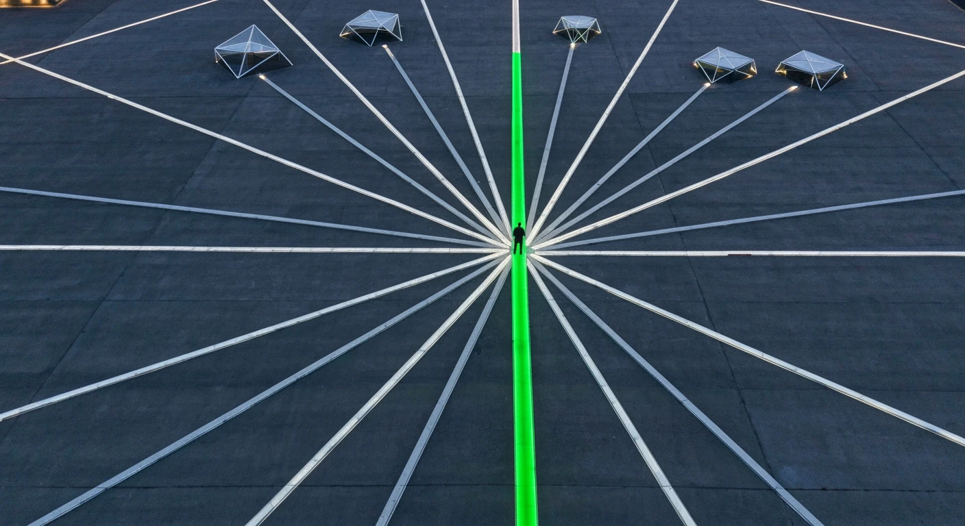 Aerial drone view of an urban landscape at dawn, showing illuminated pathways. A vibrant green path, representing diversified revenue, stands out among fading grey paths, symbolizing traditional ad models. A person oversees the converging patterns.