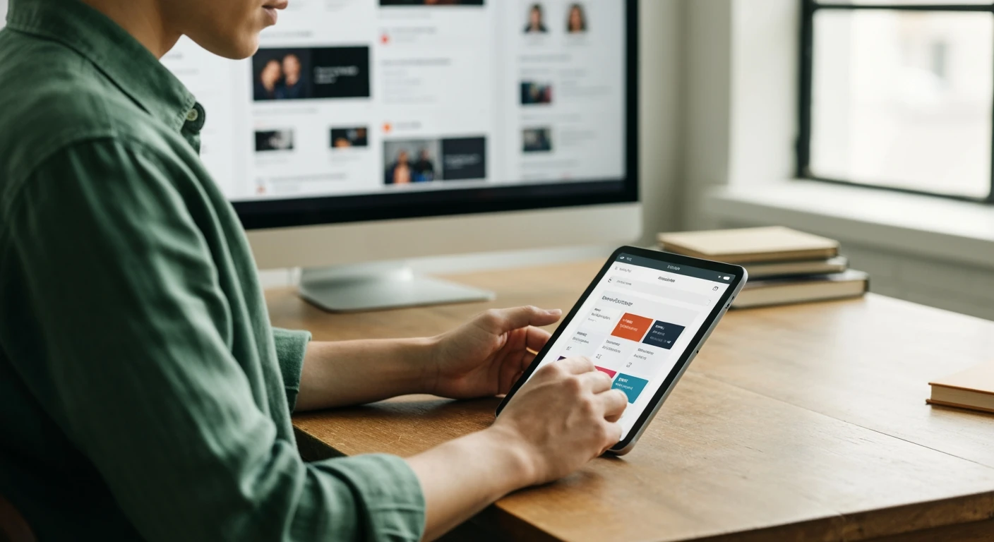 Person in a green shirt focused on a tablet news app at a wooden desk with fragmented digital news in the background, illustrating efficient news consumption.