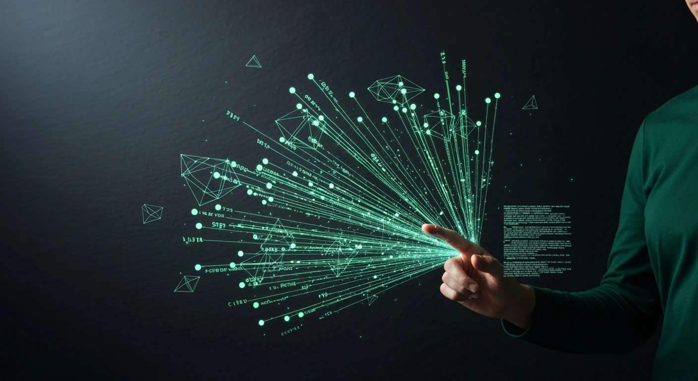 Digital green data streams and geometric patterns flowing over a dark slate surface, with a person's hand partially visible, representing AI's role in transforming data into news content.
