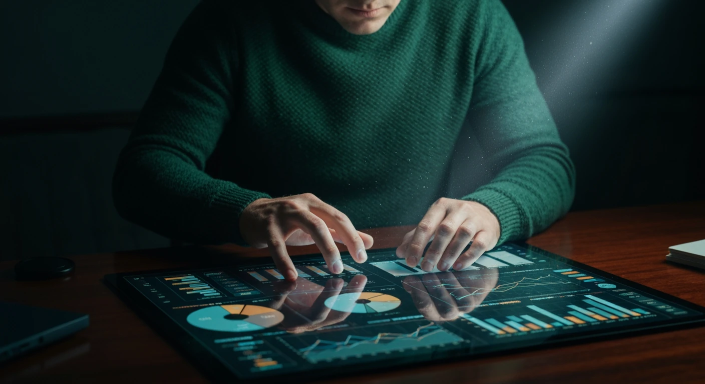 A person analyzes fragmented digital charts on a glowing screen, understanding news portal audience preferences for content engagement.
