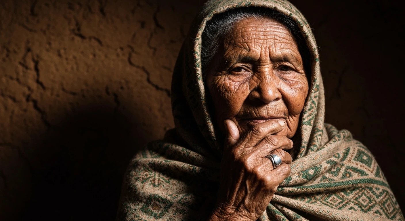 Elderly Brazilian woman with indigenous and African features, dramatic lighting highlighting cultural depth and diverse heritage.