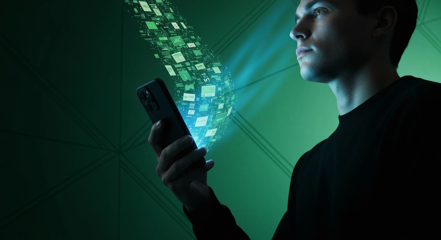A person's head tilted up, absorbed by a glowing smartphone screen displaying a torrent of digital news and alerts against a dark, geometric green background, symbolizing information overload.