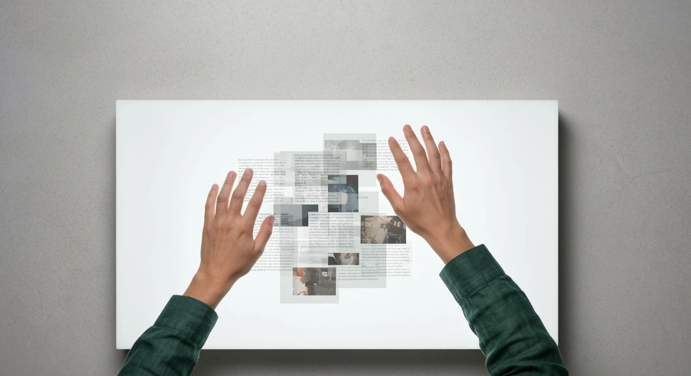 An overhead view of a person's hands sifting through a fragmented digital news feed on a matte surface, symbolizing critical reading amidst information overload.