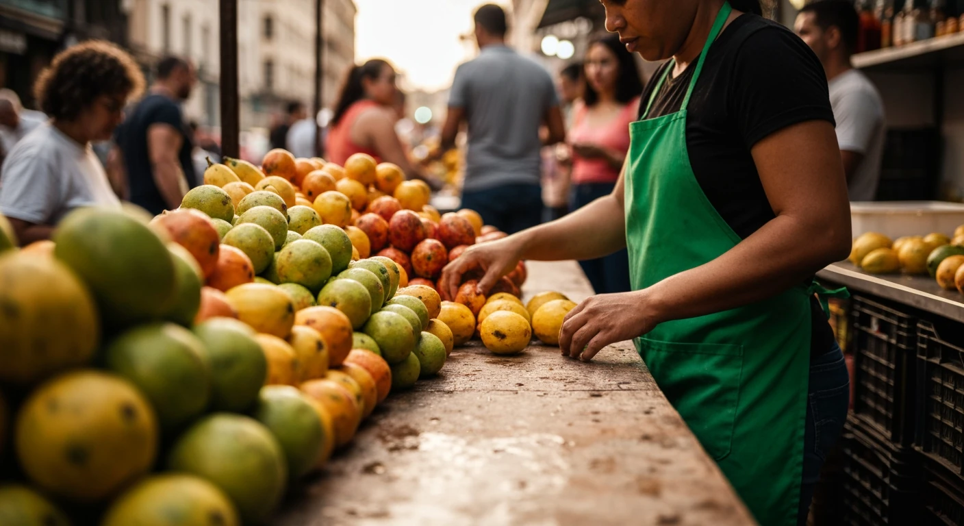 A bustling Brazilian street market with a vendor, partially visible, arranging tropical fruits on a worn wooden stall under soft, warm daylight, illustrating the country's informal economy.