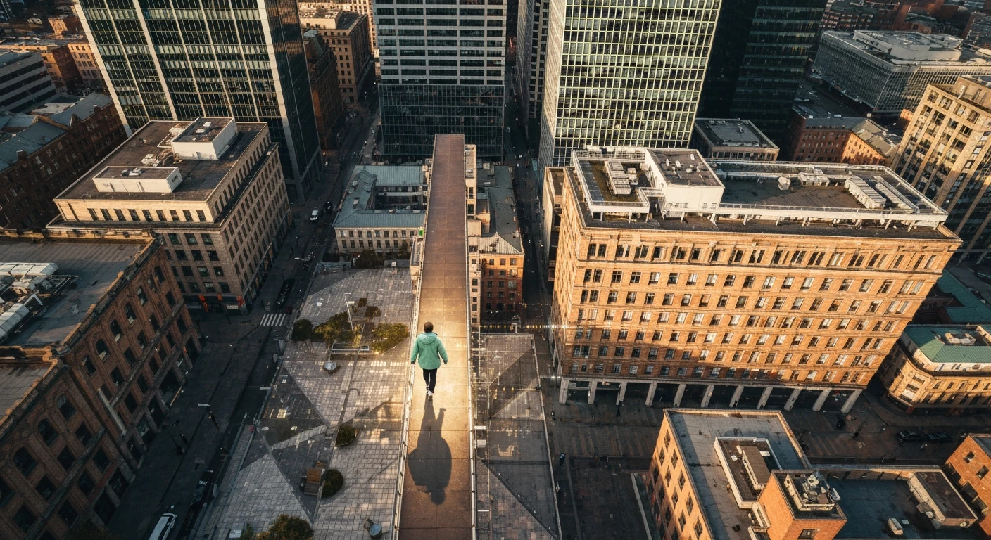 Aerial view of a vibrant urban district at dawn, with a person navigating a complex network of buildings and pedestrian walkways, symbolizing strategic news consumption amidst information overload.