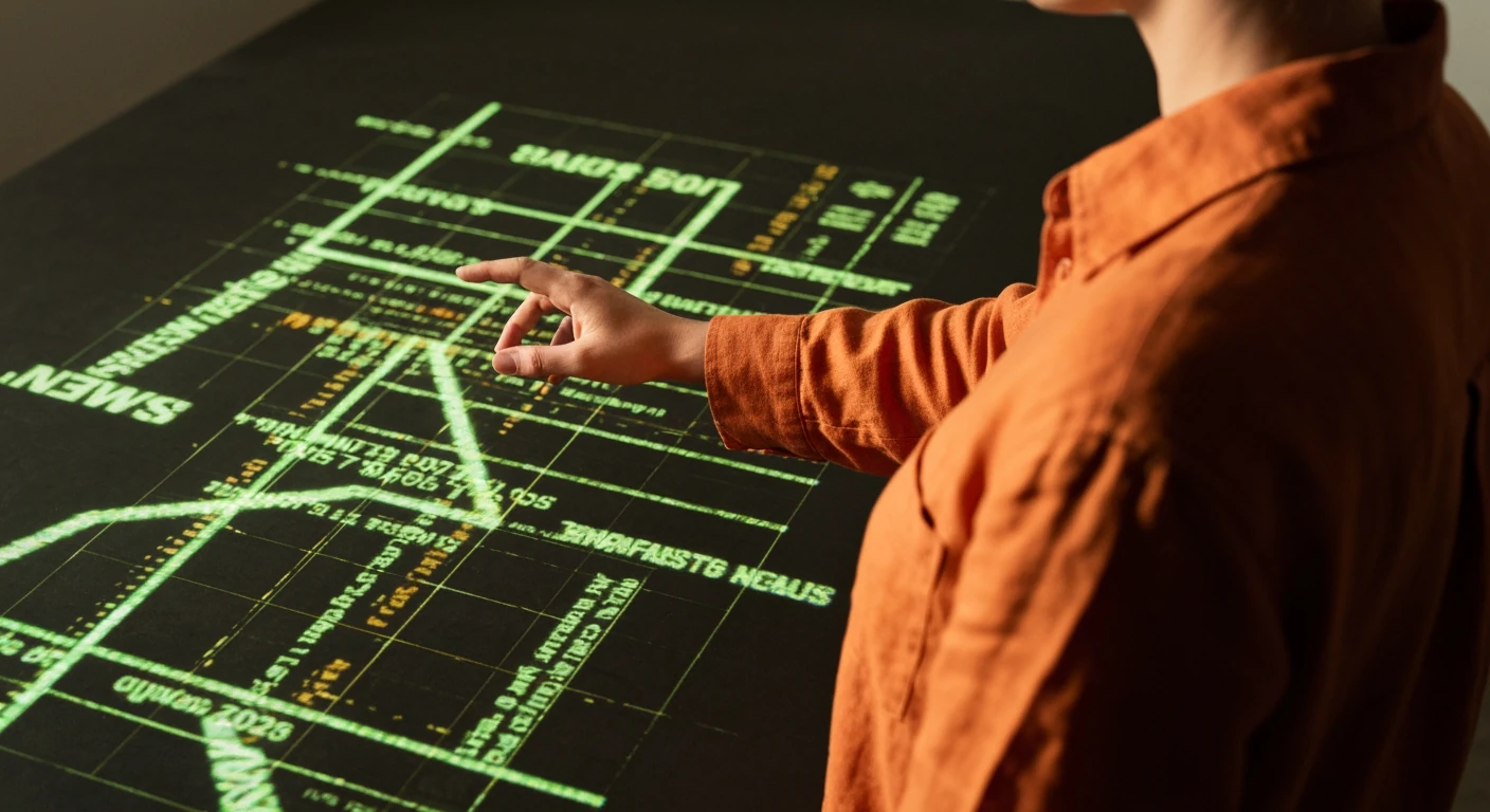 A person in a burnt orange shirt trying to navigate a fragmented digital news landscape with glowing green and amber projections, symbolizing information overload.
