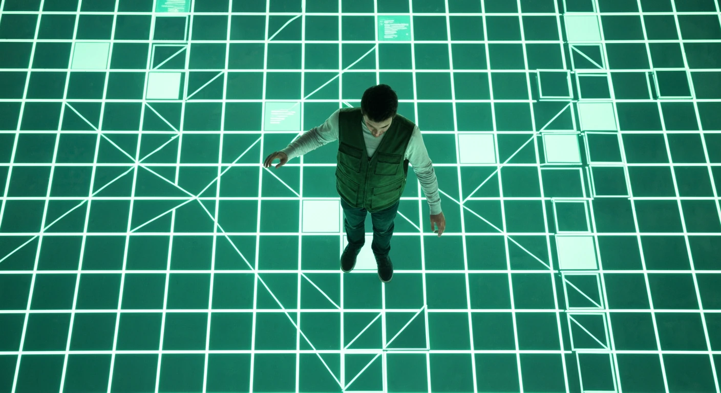 An aerial drone view of a person standing on an illuminated green and teal geometric digital grid, representing the fragmented and personalized nature of online news consumption, captured with soft, even lighting.