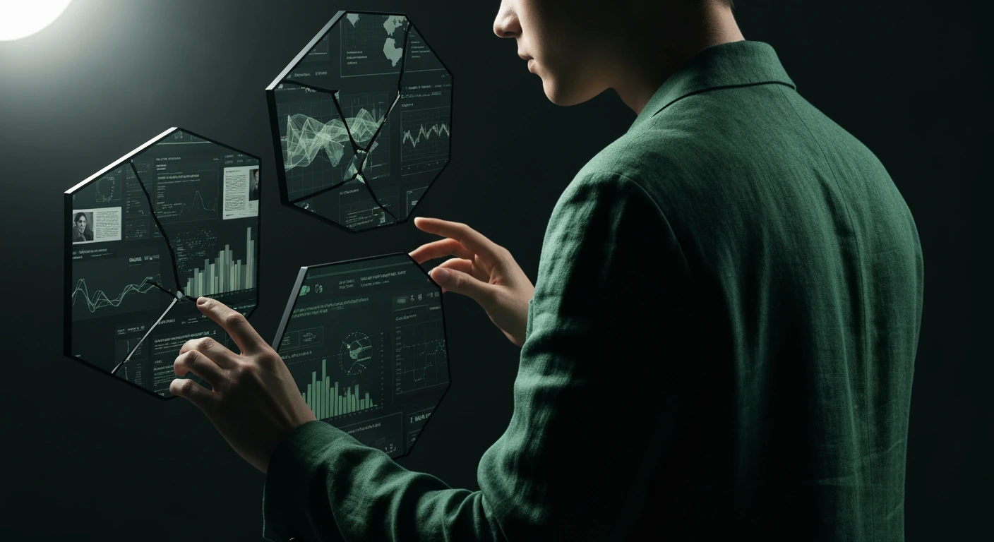 A person viewing fragmented digital news screens with dramatic shadows, representing news bias and the challenge of information processing.