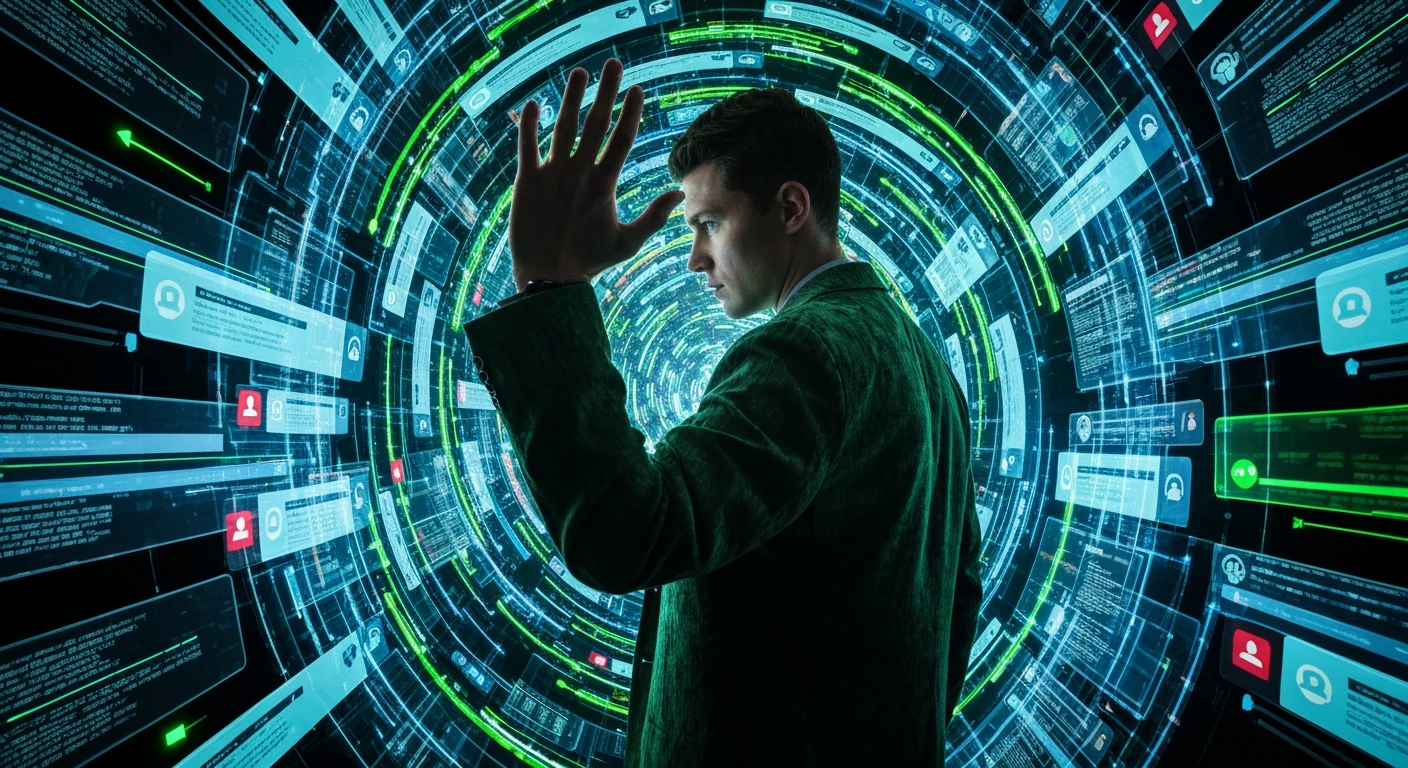 A person from behind, overwhelmed by a swirling vortex of glowing digital news headlines and social media notifications, representing information overload and fatigue in the digital age.