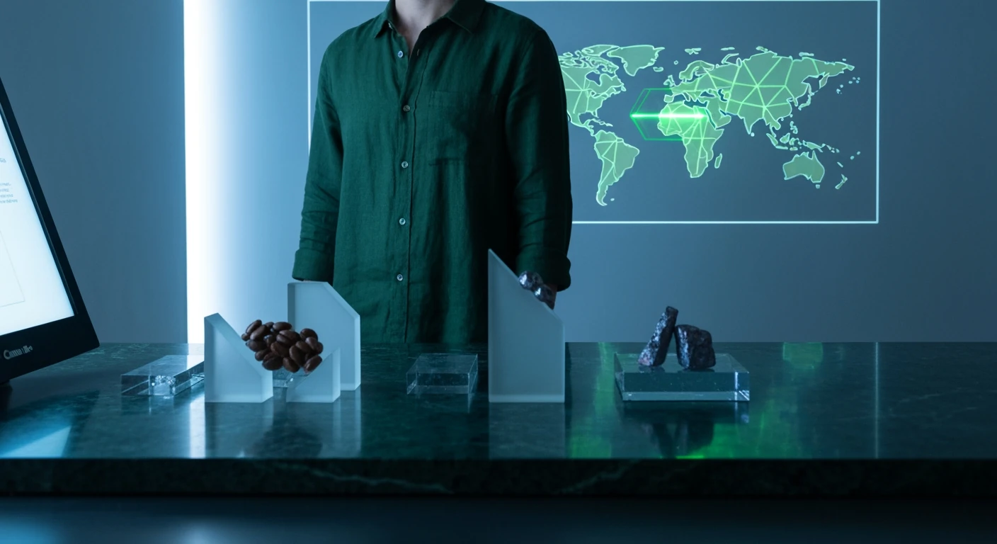 A person views a minimalist geometric projection of a world map, with Brazil highlighted in green, alongside frosted glass representations of coffee beans and iron ore, conveying global economic influence.