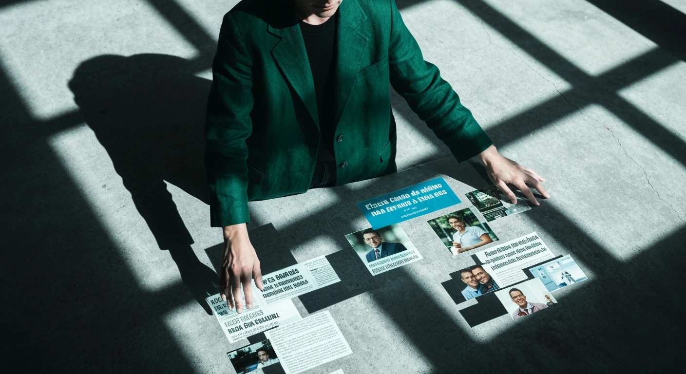 A person, seen from above, mid-body, no face visible, interacting with a fragmented digital display of Brazilian news on a dark concrete surface, with dramatic shadows.