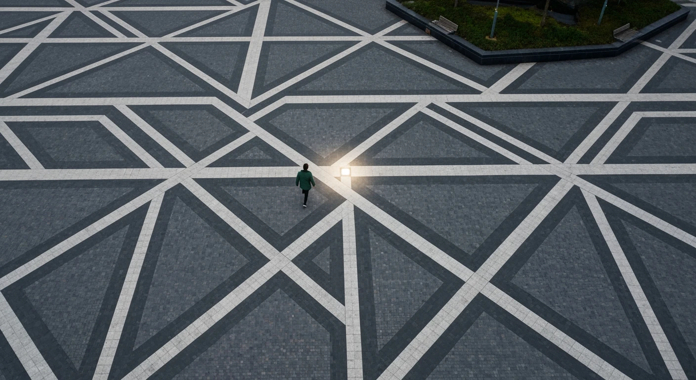 An aerial drone view emphasizing a unique niche within a vast network, with a person navigating geometric urban patterns, representing focused news portal strategy.