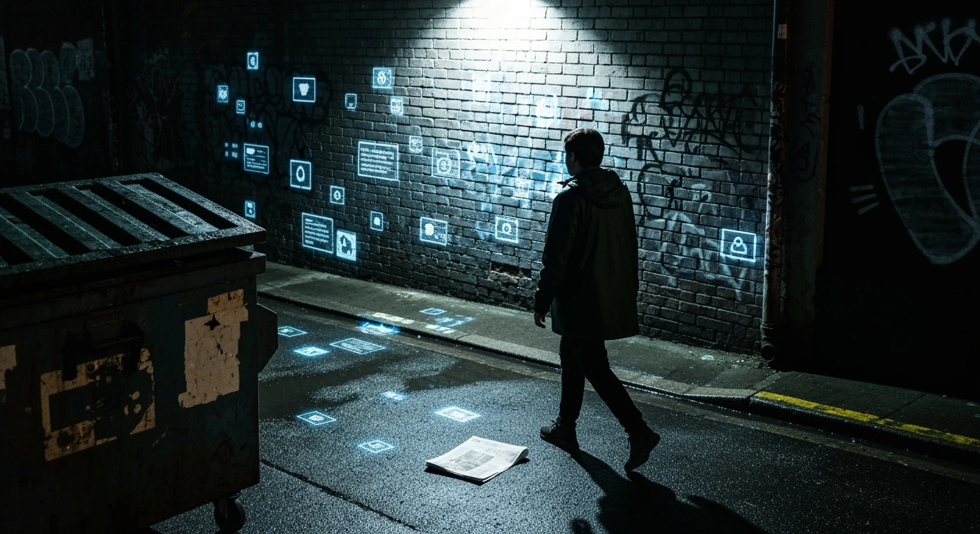 A person in a dark rain jacket walks through a grimy urban alleyway, illuminated by projected digital news headlines on wet asphalt, symbolizing the shift from traditional to digital news consumption.