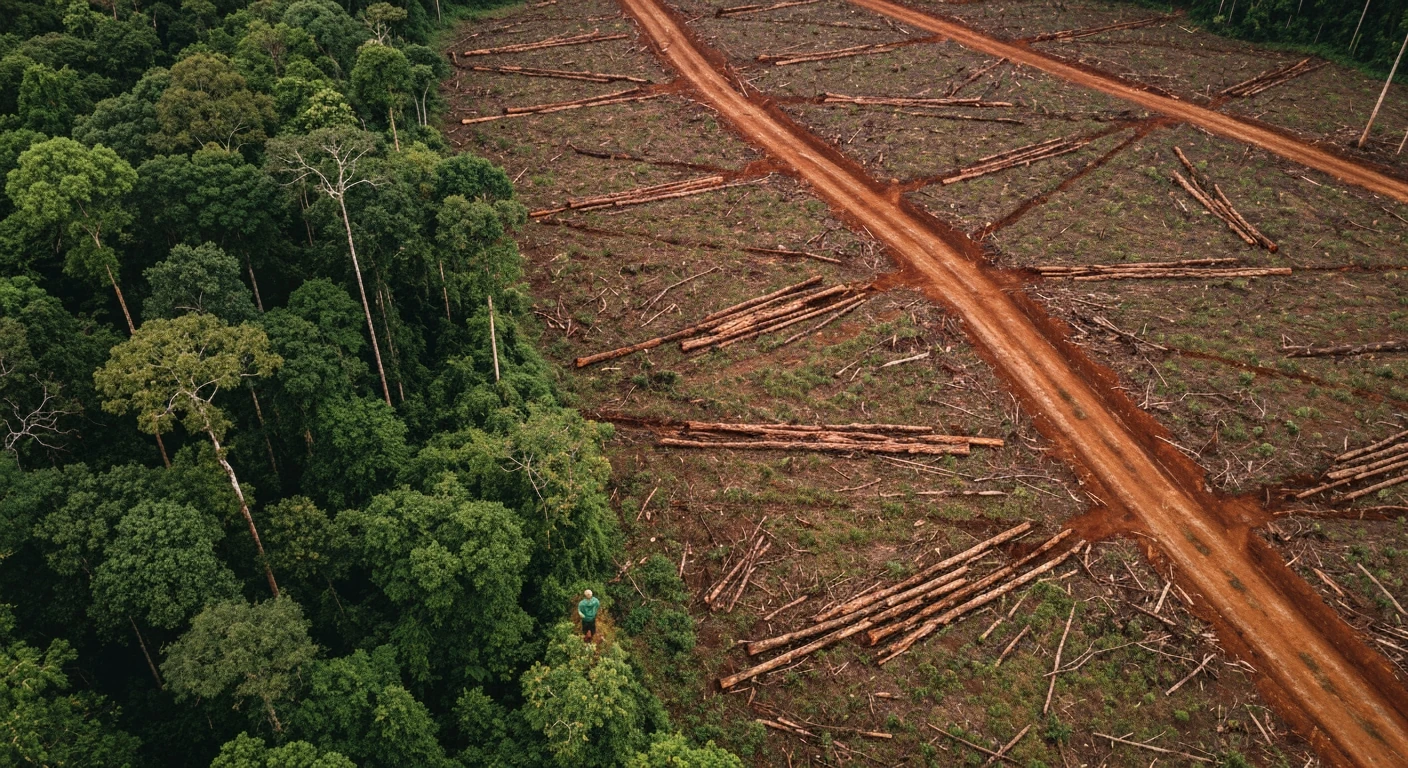 Aerial view of the Amazon rainforest showing geometric deforestation patterns contrasting green canopy with red earth, an environmental researcher observing the scene under an overcast sky.
