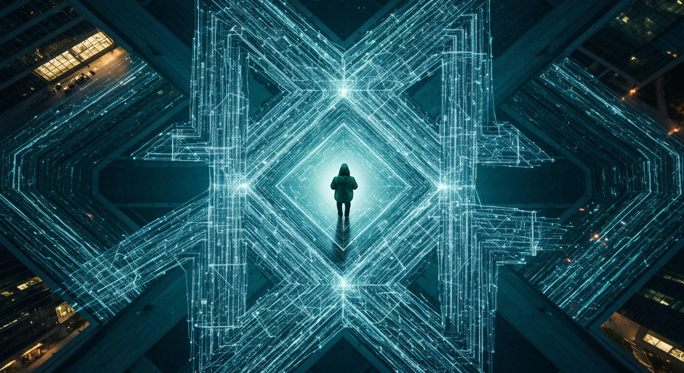 An aerial drone view of a complex urban landscape at dusk, featuring geometric light pathways representing digital information flow. A person in a green jacket observes the data network.