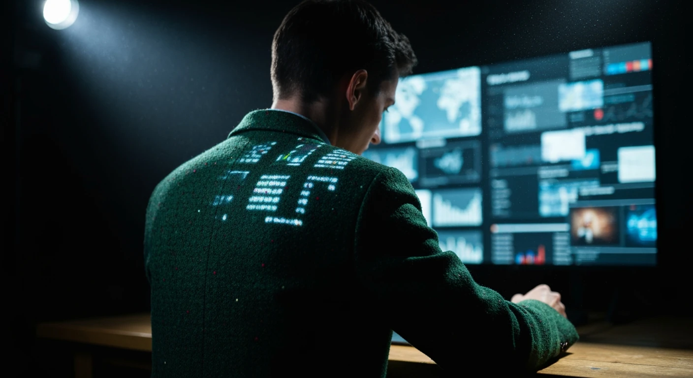 A person, seen from behind, engrossed in a fragmented digital news interface projecting cool blue and green headlines, illustrating information overload and diminished attention spans in the digital age.
