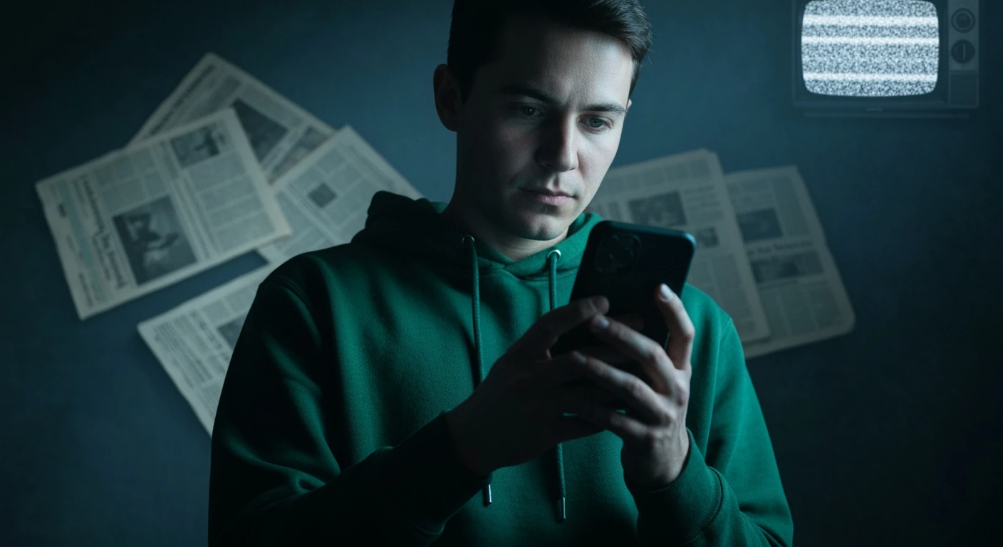 A person, mid-torso, seen from a low angle, captivated by a glowing smartphone screen in a dark, atmospheric setting, representing the shift to mobile-first news consumption.