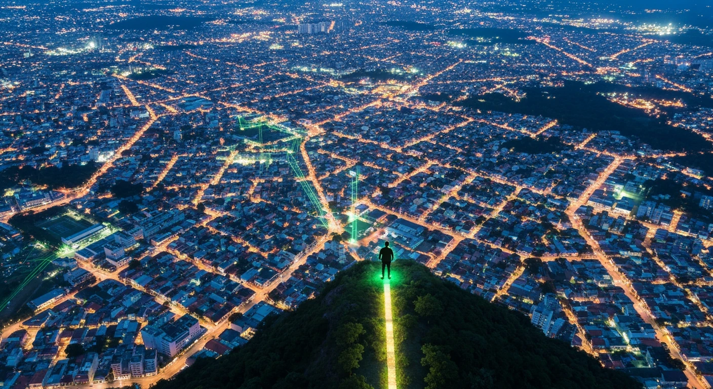 Aerial view of a sprawling Brazilian city at dusk, with illuminated streets forming geometric patterns. Digital data streams in green intertwine with the urban landscape, symbolizing the country's diverse and interconnected news ecosystem. A person stands on a central platform, observing the scene, representing a reader navigating various information sources.
