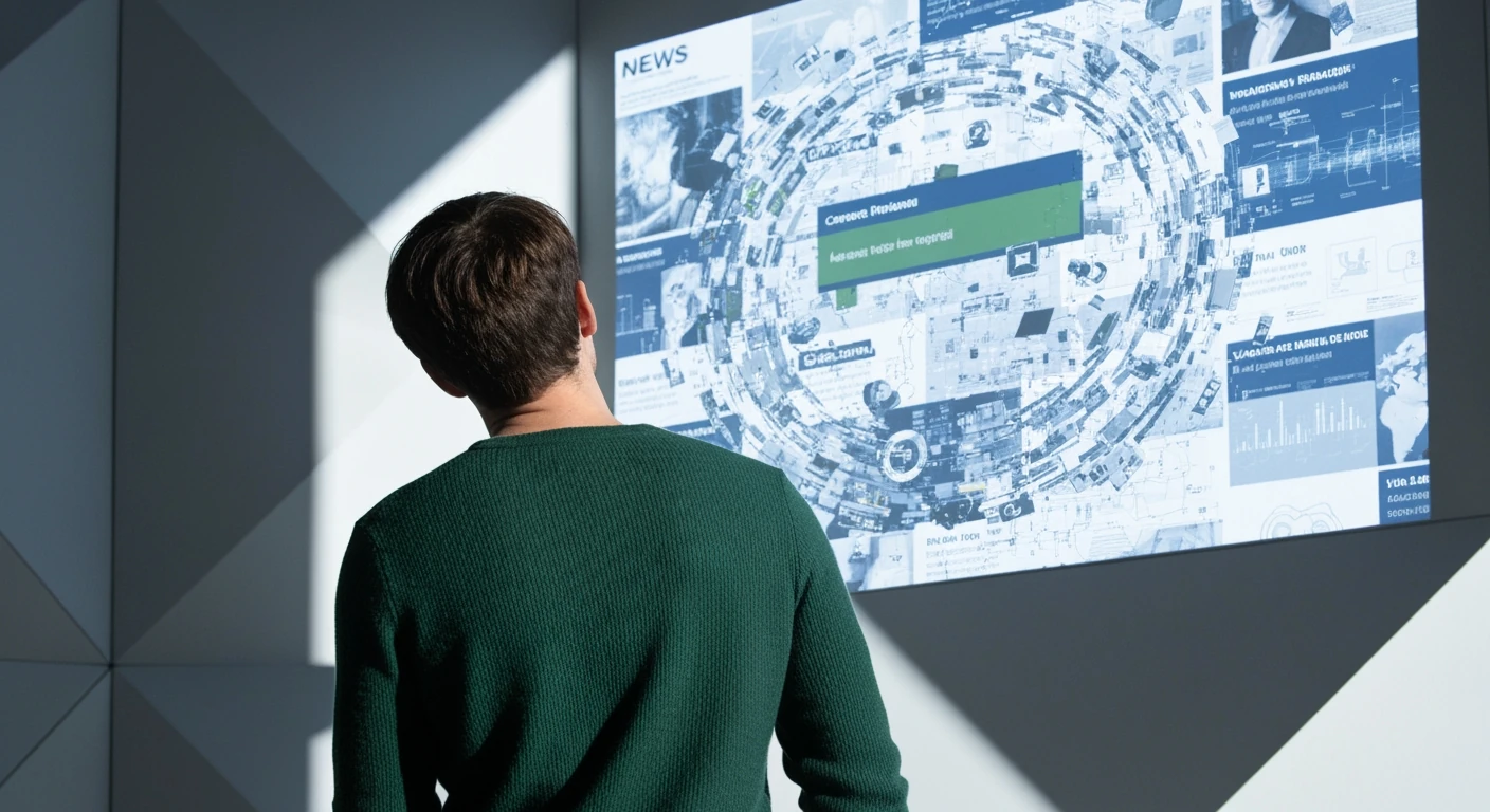 A person in a forest green sweater from behind, observing a complex digital news interface projected onto a geometric white wall, with one headline highlighted in green, symbolizing the challenge of finding credible information amidst digital overload.