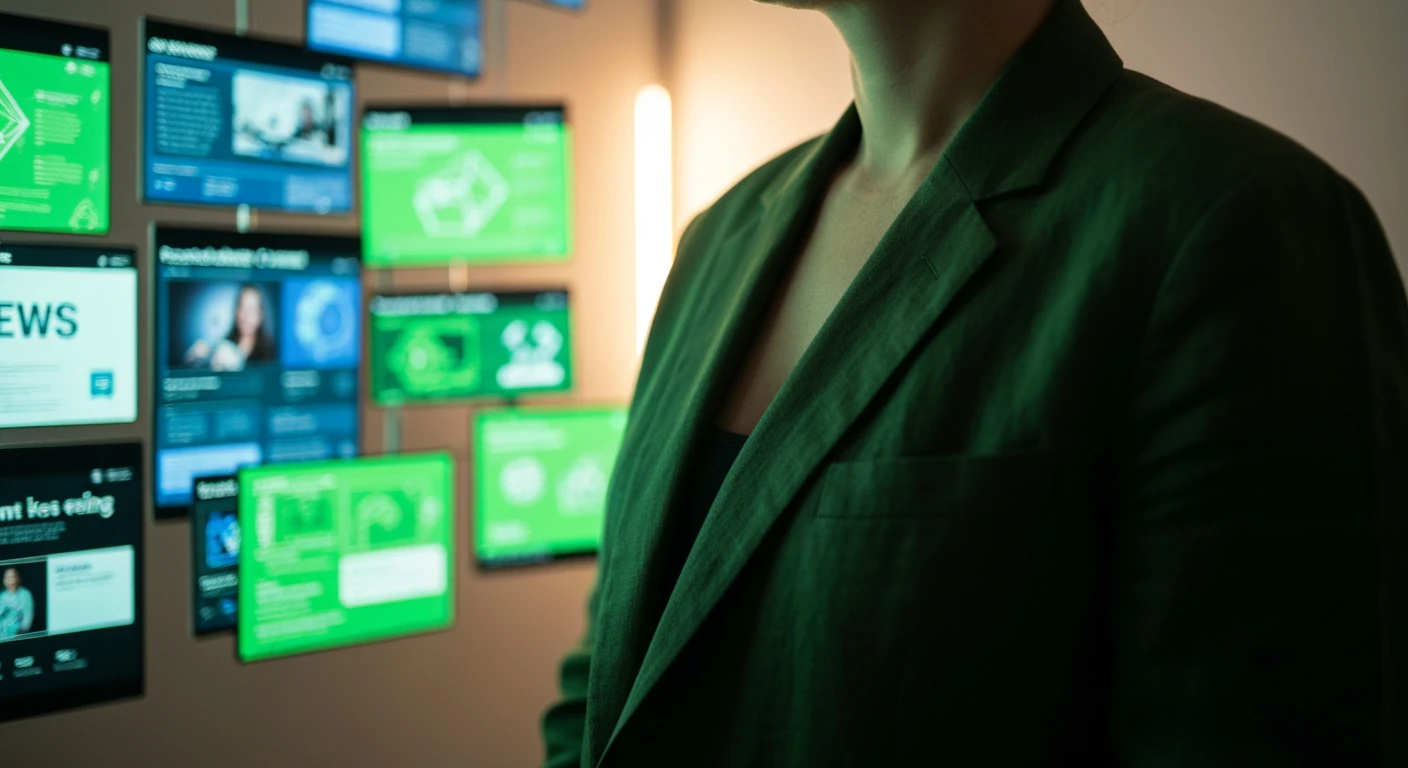 A person viewing fragmented digital news headlines on multiple glowing screens, symbolizing personalized online news consumption trends and algorithmic curation.