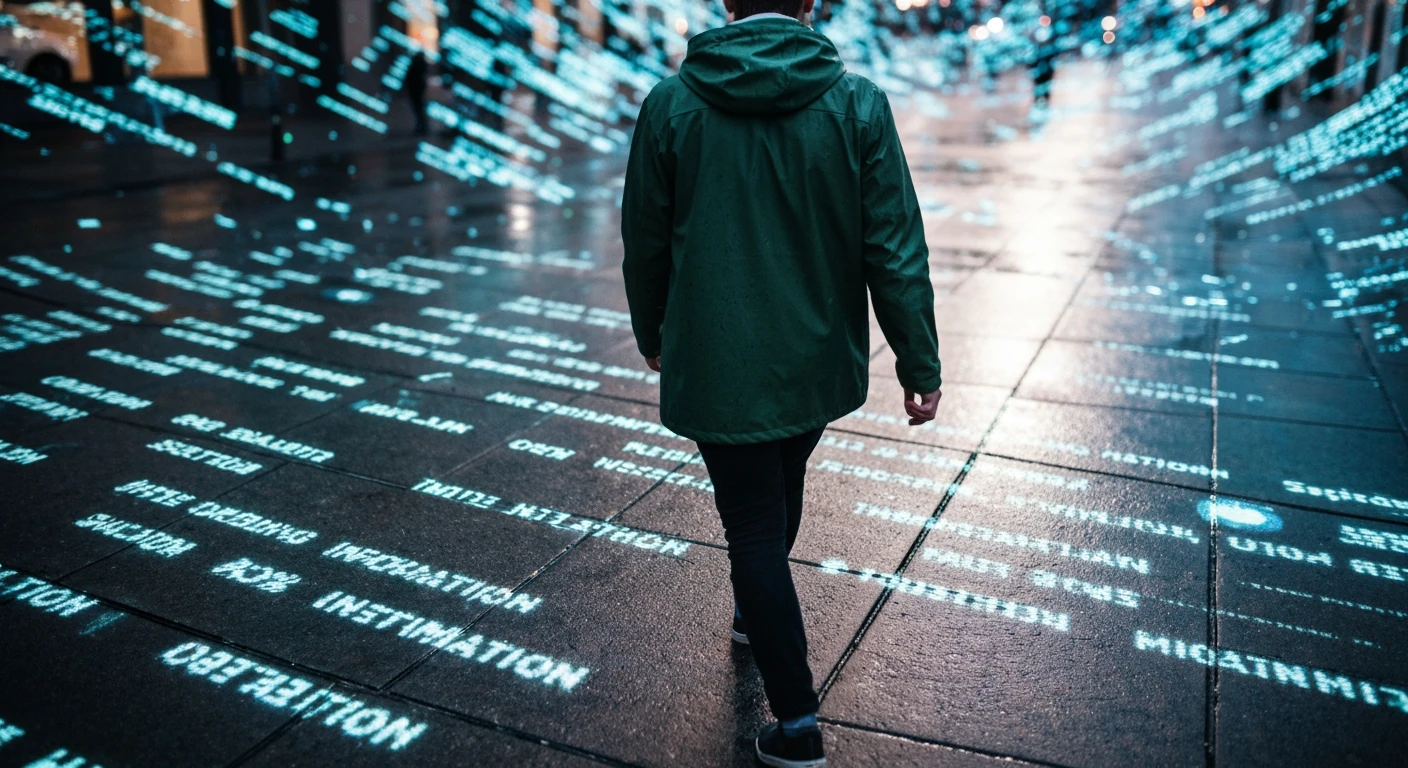 A person in a green jacket navigates through a chaotic stream of digital information projections on a wet city sidewalk at dusk, symbolizing information overload.