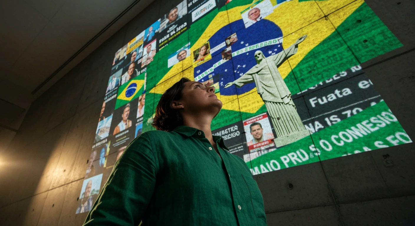 A person viewing a fragmented digital display showing distorted Brazilian news headlines and iconic national imagery, highlighting the complexity of media ownership and influence.