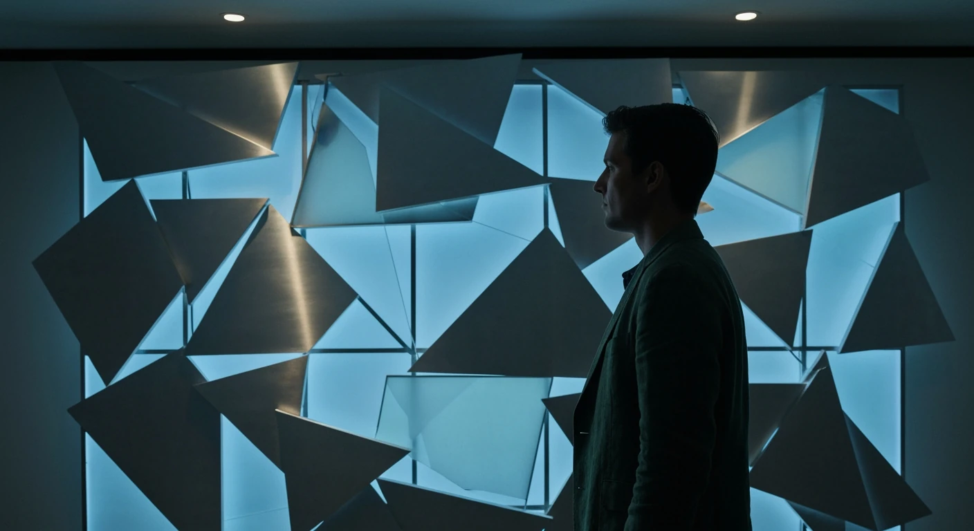 A person viewing a modern art installation of interconnected geometric panels representing Brazil's fragmented political parties and complex system.