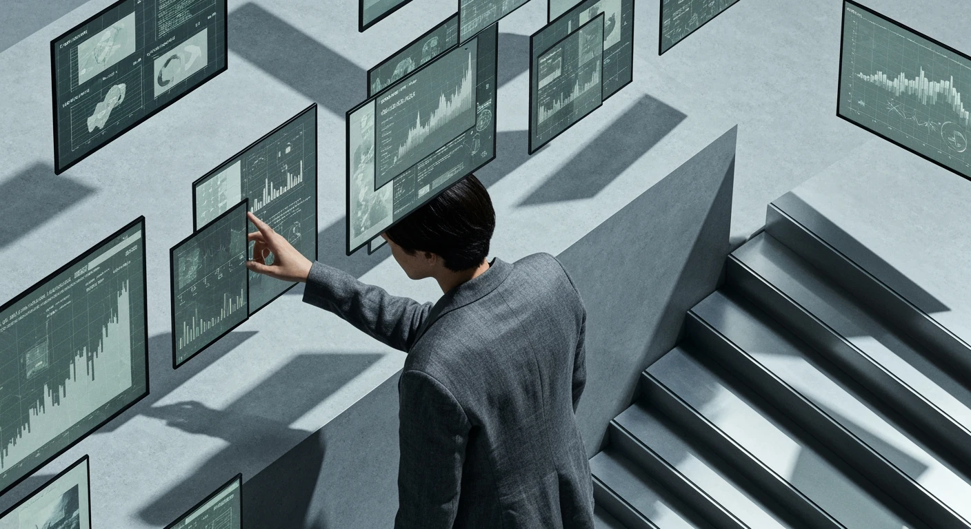 Isometric view of a person reaching towards fragmented digital screens displaying abstract news, visualizing information overload and the struggle of efficient news consumption, set in a minimalist geometric landscape with cool tones and sharp shadows.