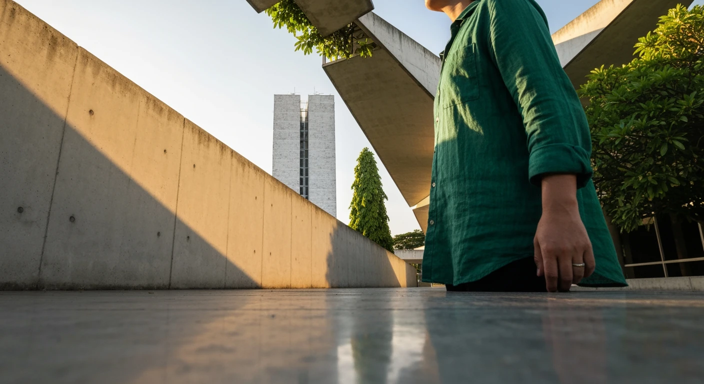 An individual observing the distinct architectural representation of Brazil's government branches, symbolizing the federal and state powers illuminated by golden hour light.