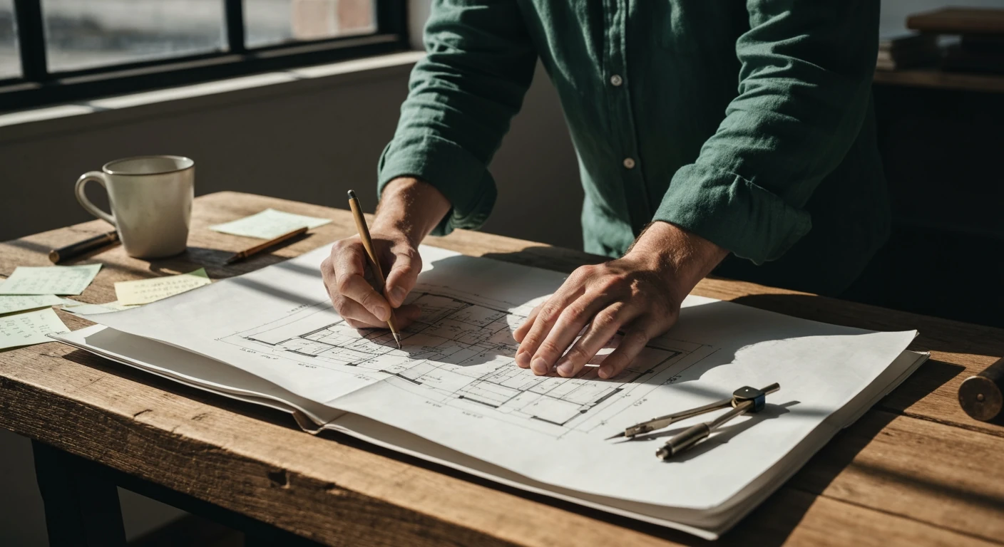 A person sketching on a detailed architectural blueprint for a news portal, surrounded by planning tools on a wooden drafting table, illuminated by high-contrast natural light.