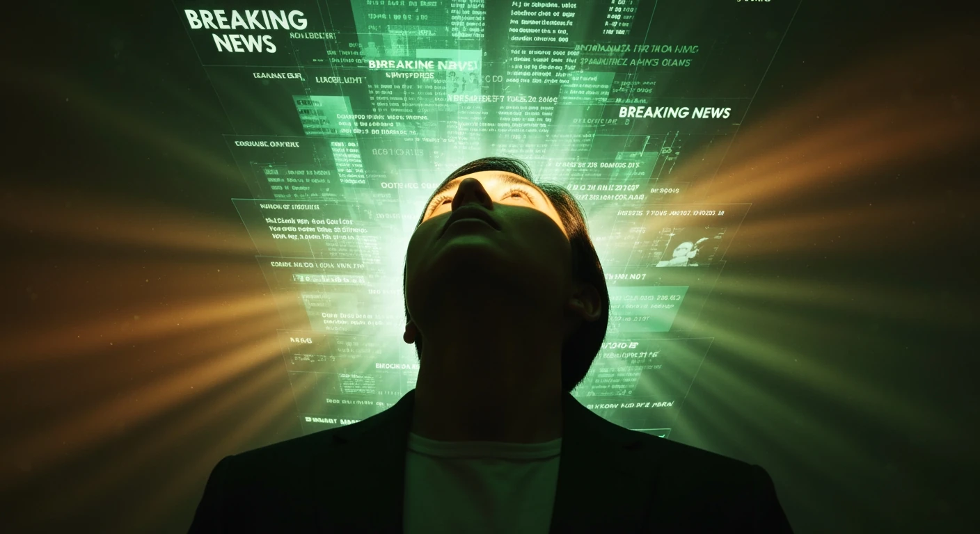 A person viewed from a low angle looking up at a chaotic, fragmented digital screen displaying an overwhelming cascade of green news headlines and alerts in a minimalist style, illustrating information overload.