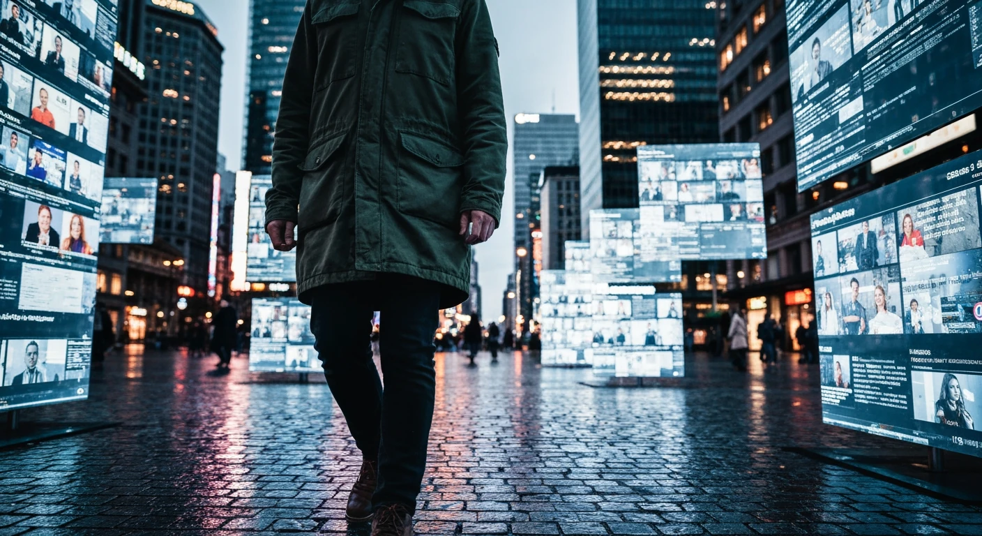 A person navigating a city plaza at dusk, surrounded by glowing, overlaid digital news feeds, illustrating fragmented news consumption.