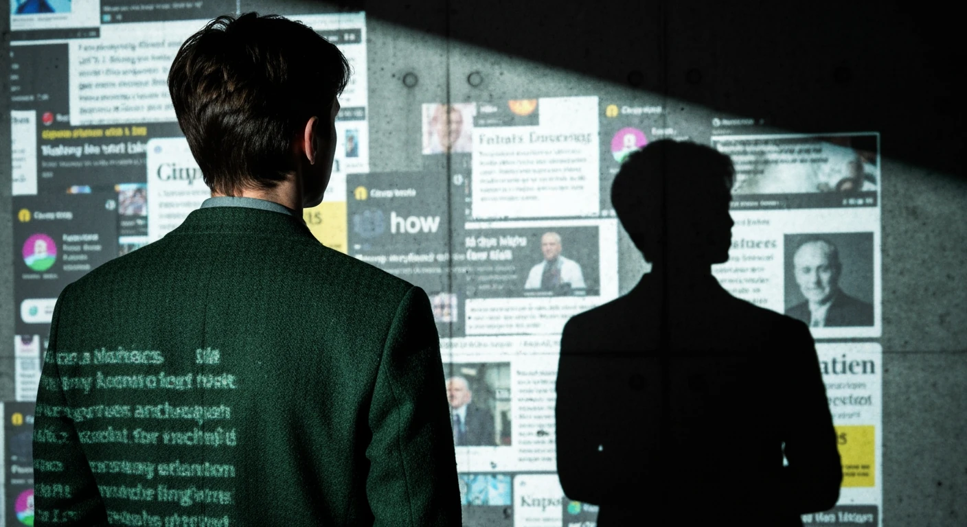Person in a green tweed jacket observing fragmented news headlines projected onto a concrete wall, illustrating modern, overwhelming news consumption.