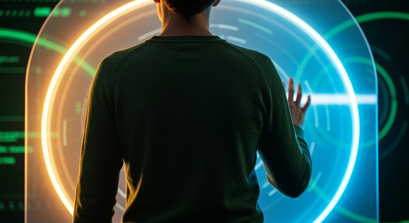 A person in a green sweater, back to camera, observing two distinct, glowing light streams on a curved screen, symbolizing personalized news feeds and information choice.