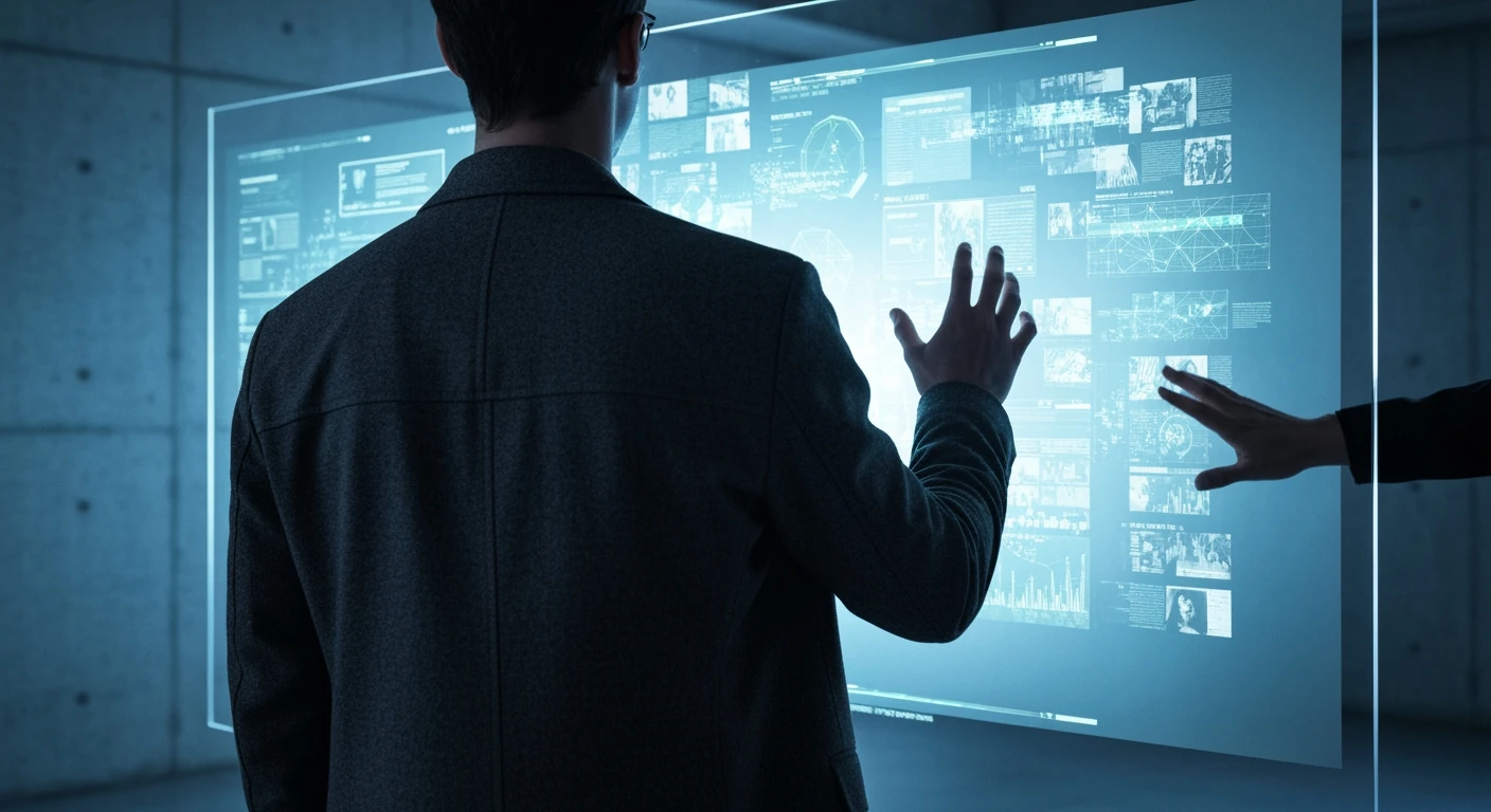 A person viewing a glowing digital news interface with fragmented headlines and data, symbolizing the overwhelming nature of instantaneous digital news consumption in a modern, minimalist setting.