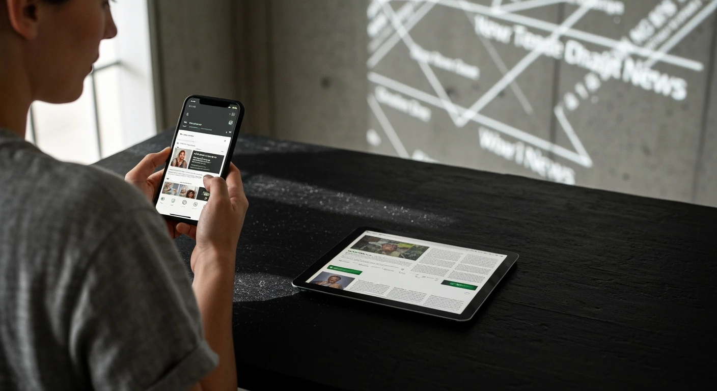 A person engaging with multiple digital news sources simultaneously on a smartphone and tablet, reflecting the 24/7 stream of information in the new news landscape.
