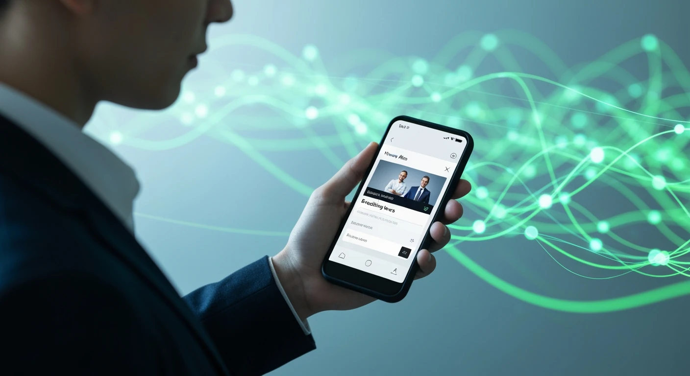 A person viewing a news app on a smartphone, surrounded by abstract digital data streams, symbolizing real-time information and connectivity.