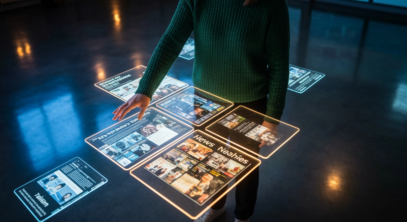 An overhead view of a person choosing between fast headlines and detailed articles on glowing digital screens.