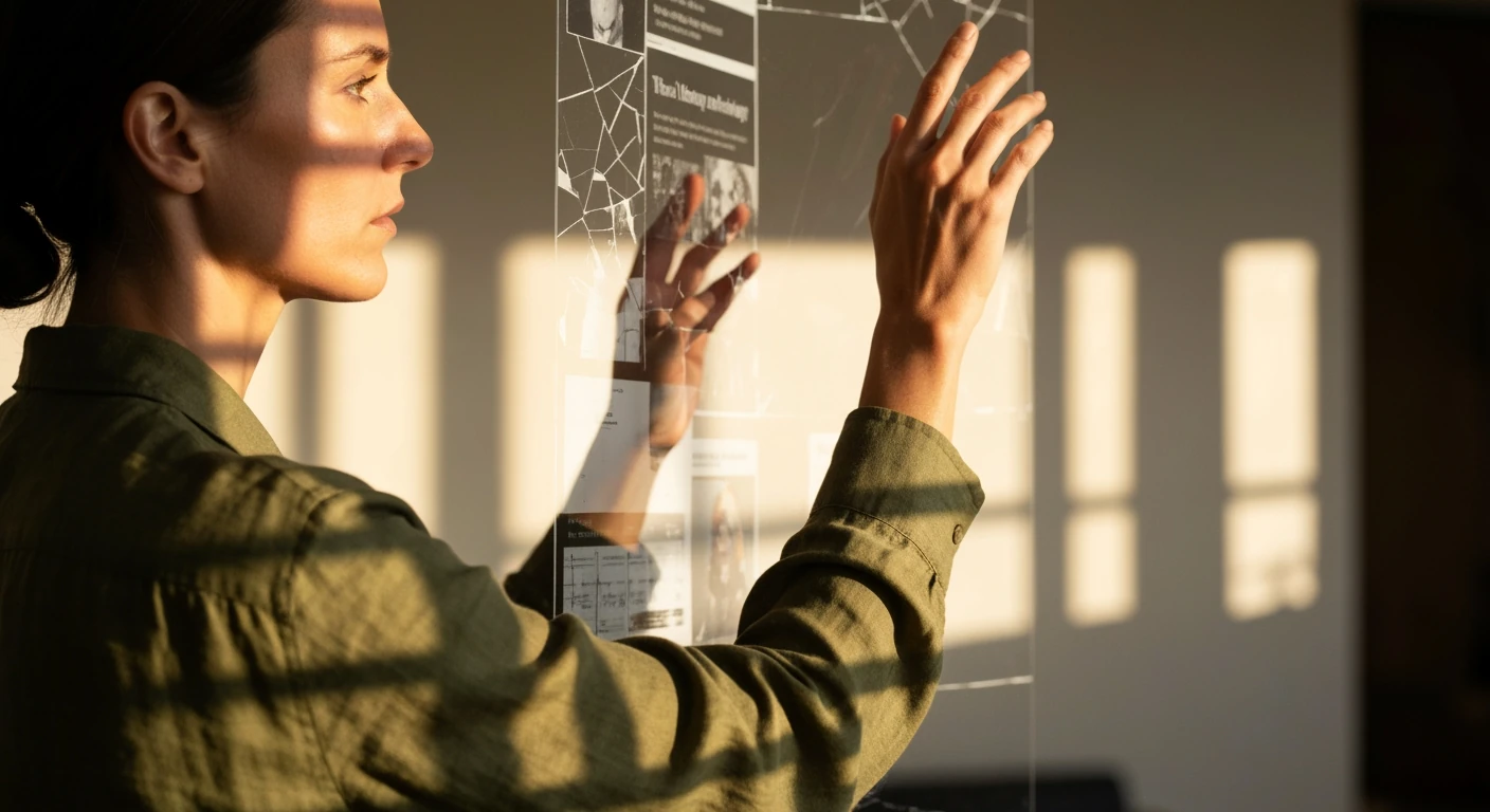 A person, seen from behind, reaching towards a translucent screen displaying fragmented news headlines, illustrating the spread of misinformation.