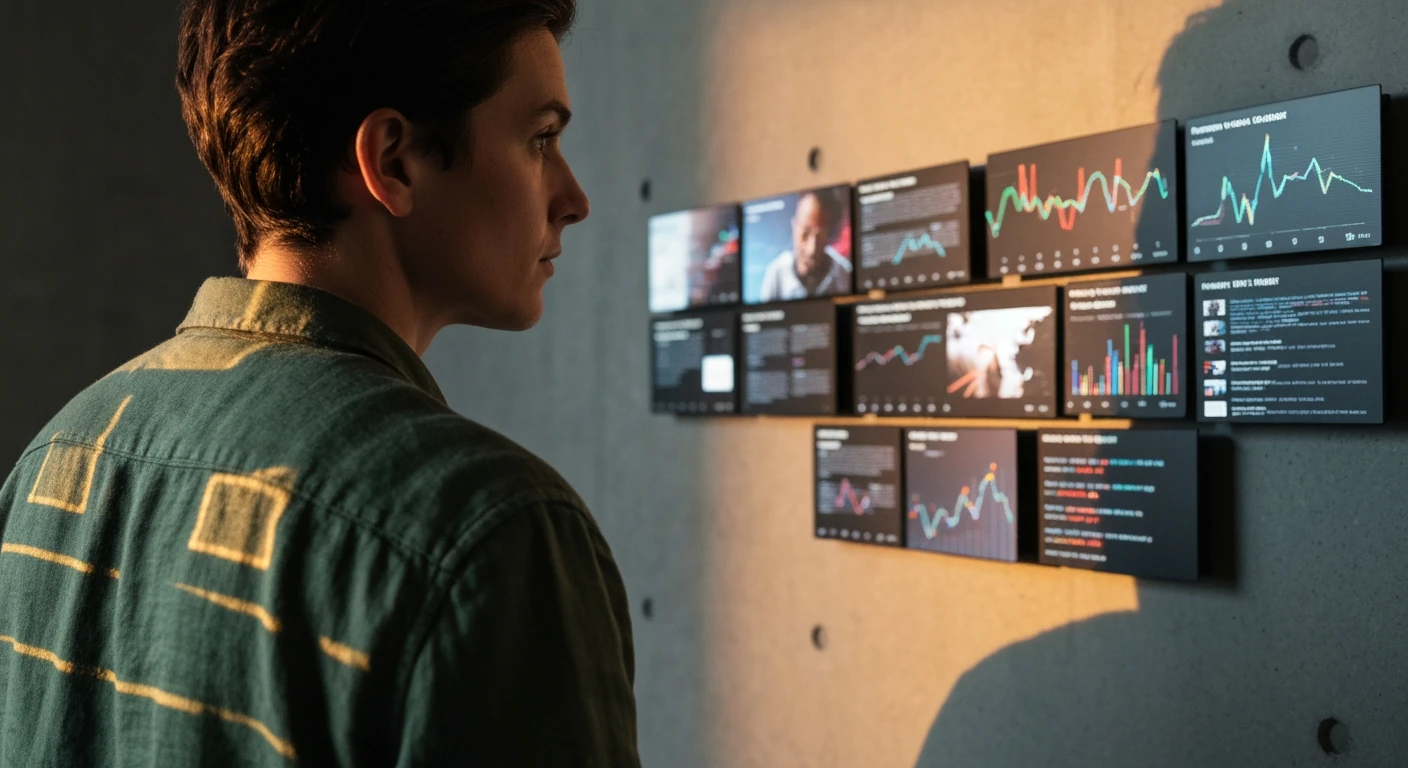 A person, from behind, observing a fragmented digital news interface on a concrete wall, expressing deep engagement with personalized data streams.