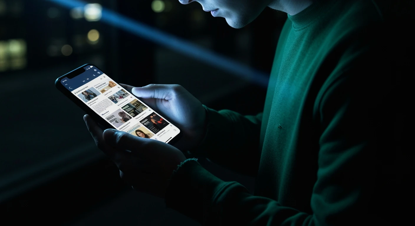 A person, mid-body, focused on a glowing smartphone screen displaying fragmented news headlines, with dramatic chiaroscuro lighting and a subtle forest-green hue.