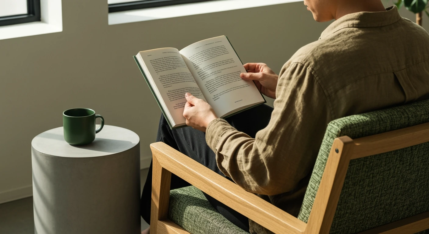 Person in linen shirt reading a book in an armchair with soft morning light, emphasizing sustainable news consumption and digital detox.
