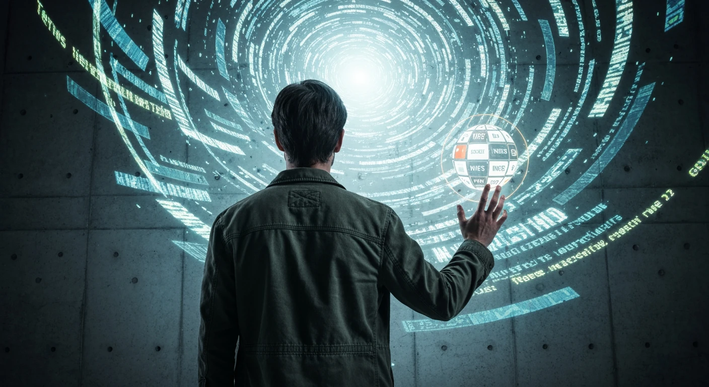 A person, seen from behind, facing a swirling vortex of digital news headlines and data projected onto a concrete wall, symbolizing information overload and the complexity of diverse news sources.